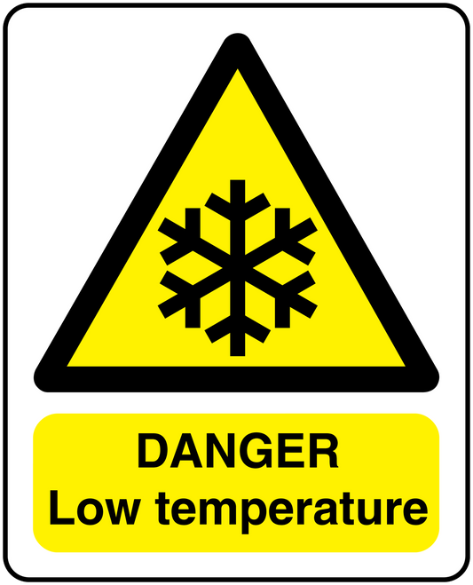 Low temperature danger sticker: yellow warning triangle with snowflake and DANGER text