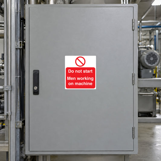 Red warning sticker: “Do not start men working on machine” with no symbol.