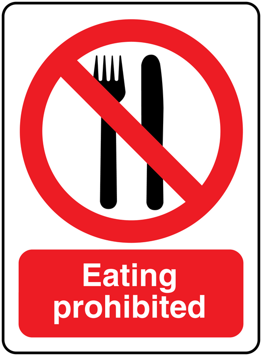 Eating prohibited sign sticker with crossed fork and knife and red text