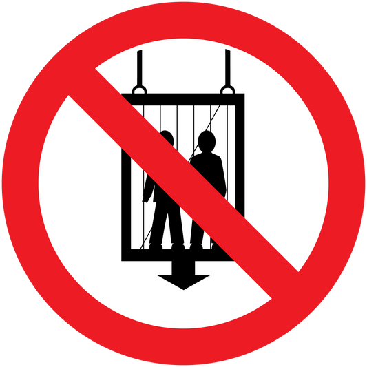 Red prohibition sticker with slash over a person silhouette behind railings