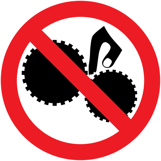 Warning sticker with red no-symbol over finger and gear icons