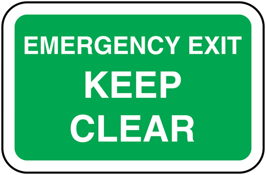 Emergency exit keep clear sticker, green with white text and rounded border