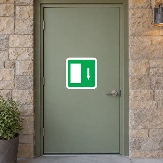 Door-left directional sticker with green border and down arrow icon on door
