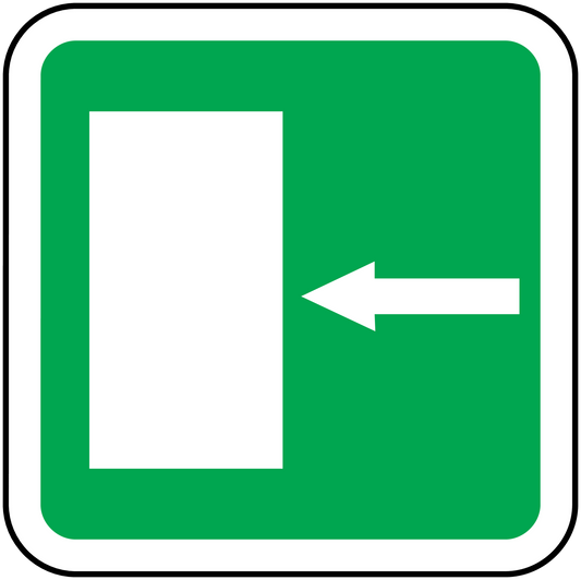 Green square door downstairs directional sticker with white door icon and left arrow