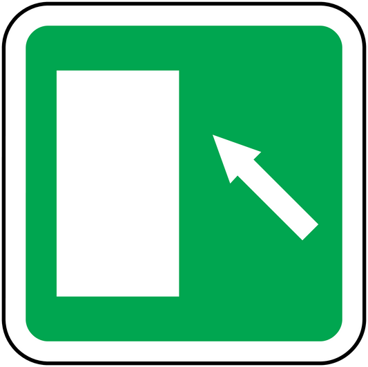 Emergency brace sticker, green square label with arrow and white panel