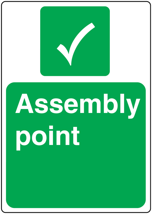 Assembly point sticker with green checkmark, white border, and Assembly point text