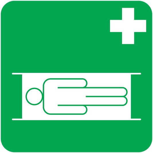 Green medical help sticker with white cross and stretcher icon