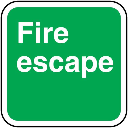 Green fire escape safety sticker with bold white “Fire escape” text, rounded corners.