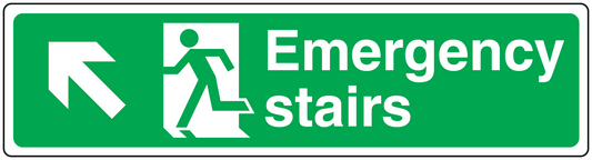 Emergency stairs down safety sticker sign with white border, text, arrow, and runner icon