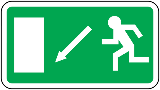 Emergency exit down direction sticker, green with white running figure and arrows