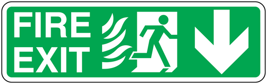 Green fire exit down safety sticker with running figure and downward arrow