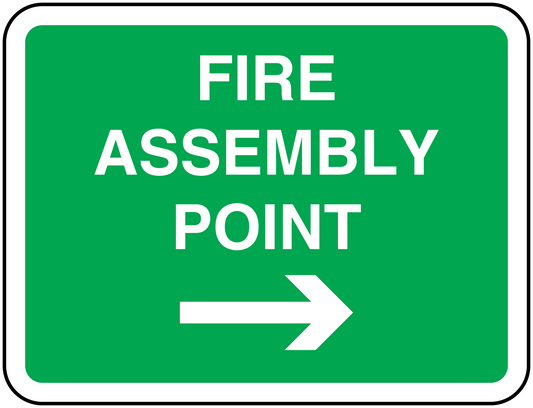 Fire assembly point safety sticker, green with white text and right arrow