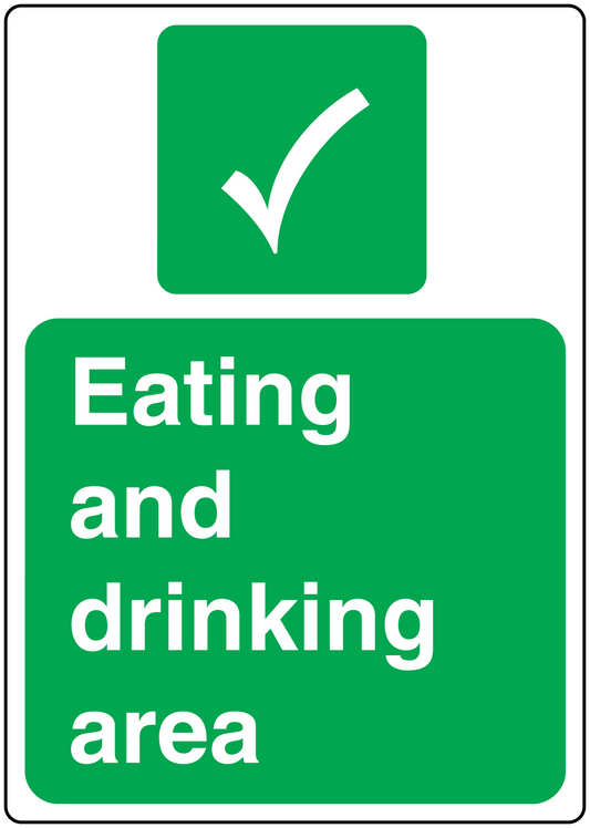 Eating and drinking area sticker with green square and checkmark symbol