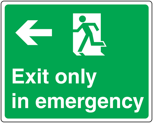 Green “Exit only in emergency” safety sign sticker with left arrow and running person icon