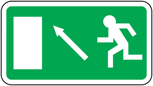 Emergency door upstairs sticker, green sign with upward arrow and running person