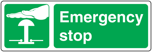 Emergency stop safety sticker, green with white stop icon and text
