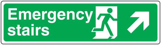 Emergency stairs up right sticker with green sign, white text, running man and arrow icon