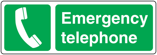 Emergency telephone sticker with green icon and white text, phone receiver symbol
