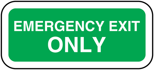 Emergency exit only sticker, green with white lettering, rectangular with rounded border
