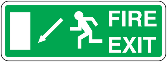 Green fire exit sign sticker with white border, FIRE EXIT text, arrow and running figure