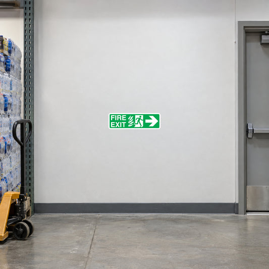 Green FIRE EXIT sticker with right arrow and running person