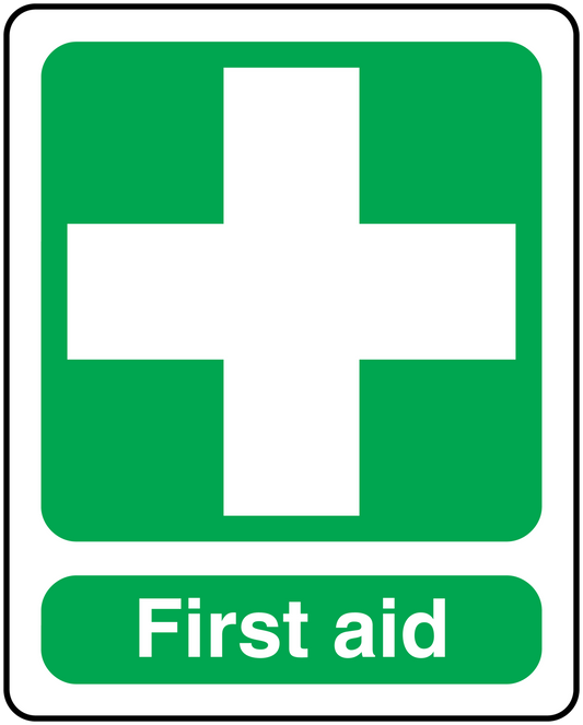 First aid sticker with white cross and 'First aid' text