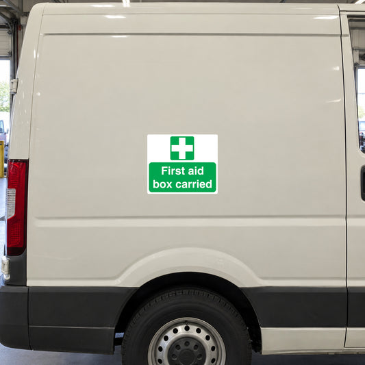 White car sticker with green first aid box carried sign