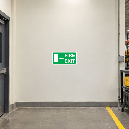 Green FIRE EXIT emergency sticker with arrow pointing left