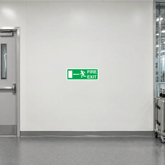 Green Fire Exit sticker with left arrow and running figure pictogram