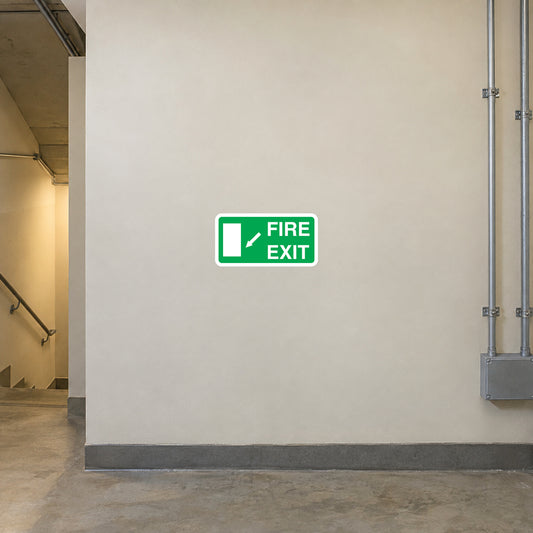 Green fire exit sticker with arrow and 'FIRE EXIT' text, rectangular sign