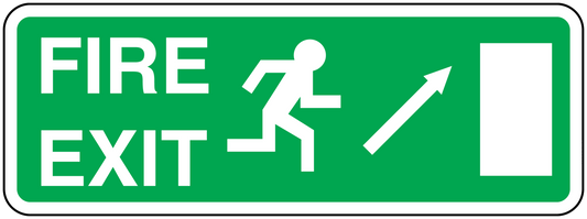Emergency fire exit sticker, green with white FIRE EXIT text, running man and arrows, blank panel