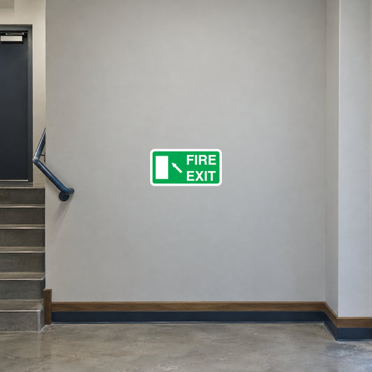 Green rounded-rectangle fire exit safety sticker with left arrow and running figure