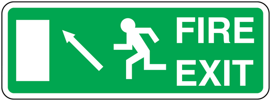 Green fire exit sticker with white border, arrows, person icon, and 'FIRE EXIT' text