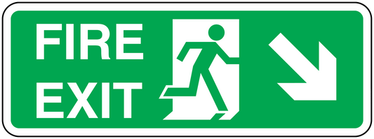 Fire exit down-right sticker with FIRE EXIT text and white arrow