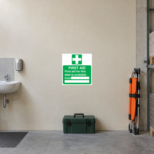 First aid sticker with green cross and text: “First aid is available from”