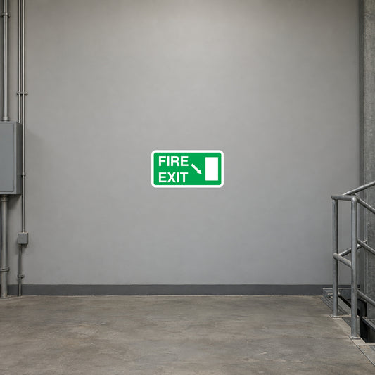 Green fire exit sticker with down arrow and exit icon
