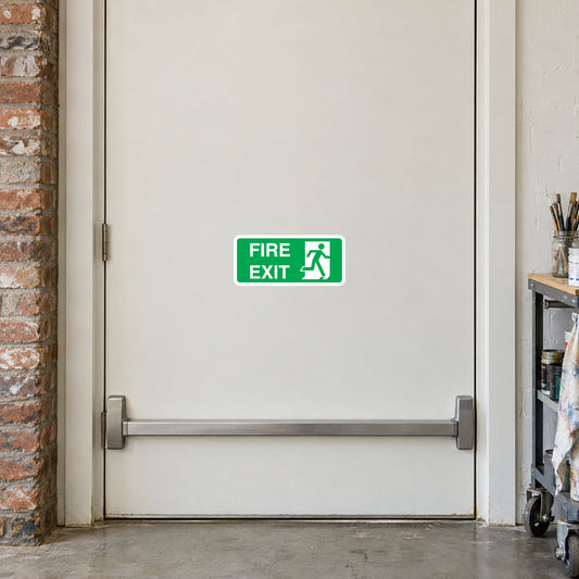 Fire exit door sticker with green FIRE EXIT text and running person icon