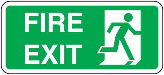 Green fire exit door sticker with white FIRE EXIT text and running person icon