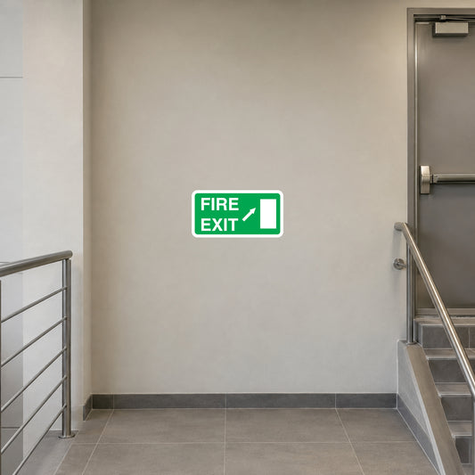 Green Fire Exit Up sticker with white arrow and door icon