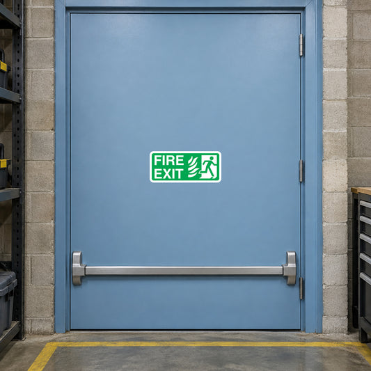 Fire exit sticker with green running-man icon and FIRE EXIT text