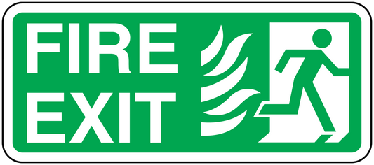Green fire exit sticker with flaming running figure, white FIRE EXIT text on border