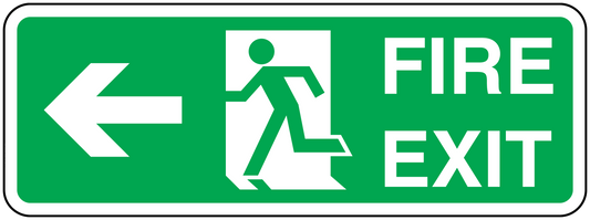 Green fire exit way sticker with left arrow and running figure; FIRE EXIT text