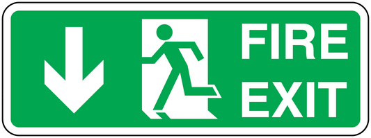 Green fire exit downstairs sticker with white arrow down, person icon, and FIRE EXIT text