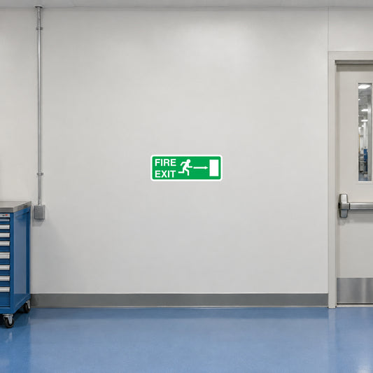 Fire exit sticker, green and white, 'FIRE EXIT' with running figure and arrow