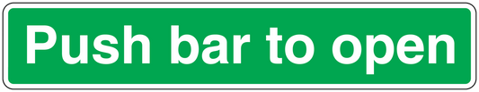 Safety sign sticker, green with white text: Push bar to open.