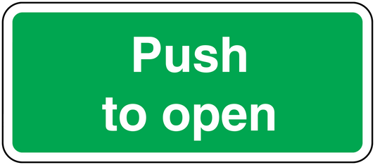 Green safety sign sticker with white border reading “Push to open”