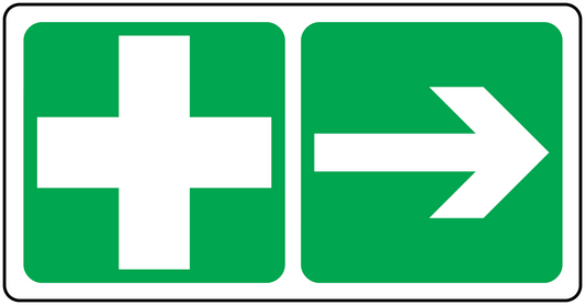 First aid right arrow sticker, green panel with white cross and right arrow