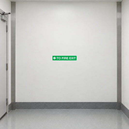 Fire exit safety sign sticker with left arrow and text 'TO FIRE EXIT'