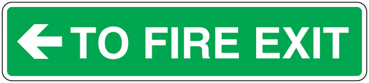 Fire exit safety sticker: green with white left arrow and 'TO FIRE EXIT' text