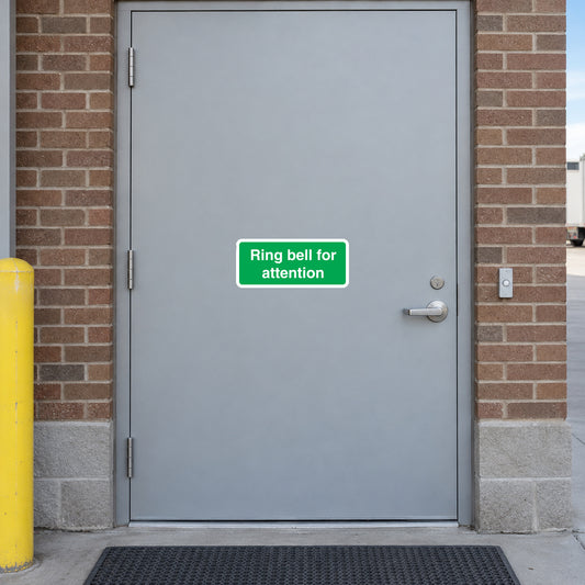Attention bell message sticker, green with white 'Ring bell for attention' text